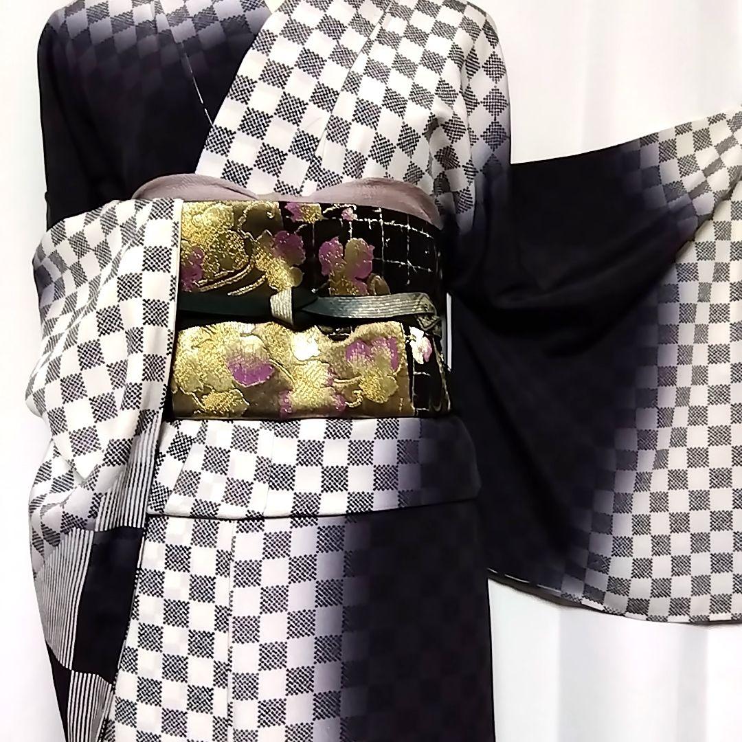 訪問着 セット 袋帯 じゅらく 帝王紫 作家物 落款 黒 白 市松模様