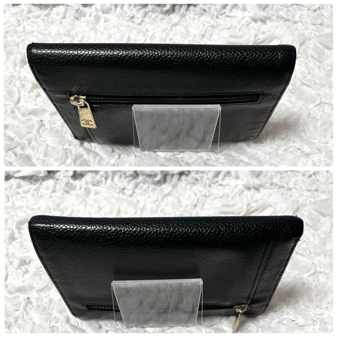 CHANEL ブラック　レザー 三つ折り財布　キャビアスキン　ギャランティカード