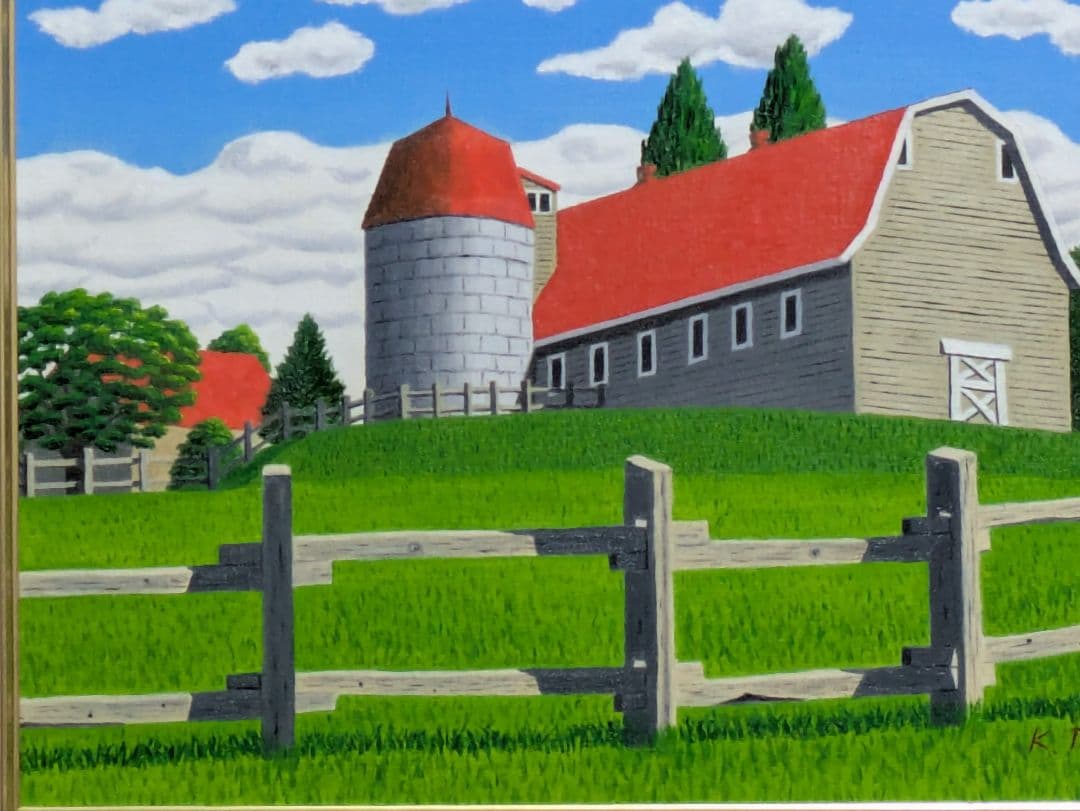 ★サイロのある牧場・肉筆油彩画・F6キャンバス