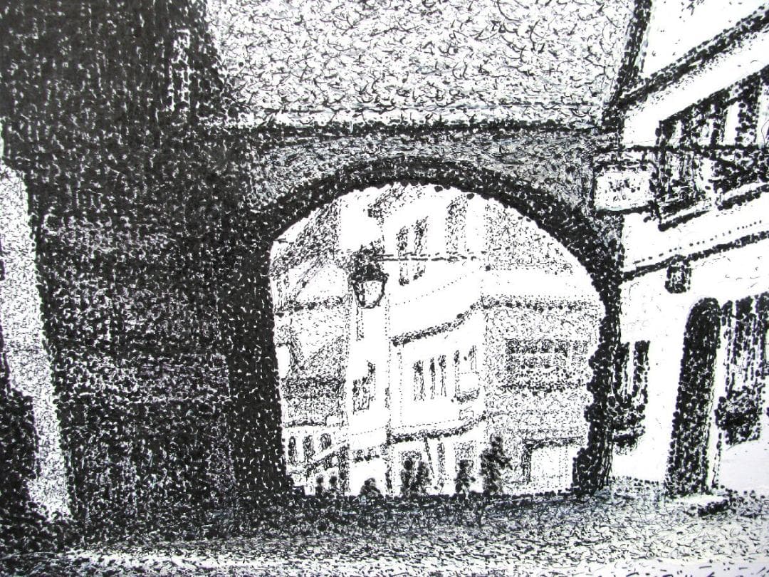 点描の実力作家,齊藤四郎「ローテンブルクの街」約8号紙にペンの点描