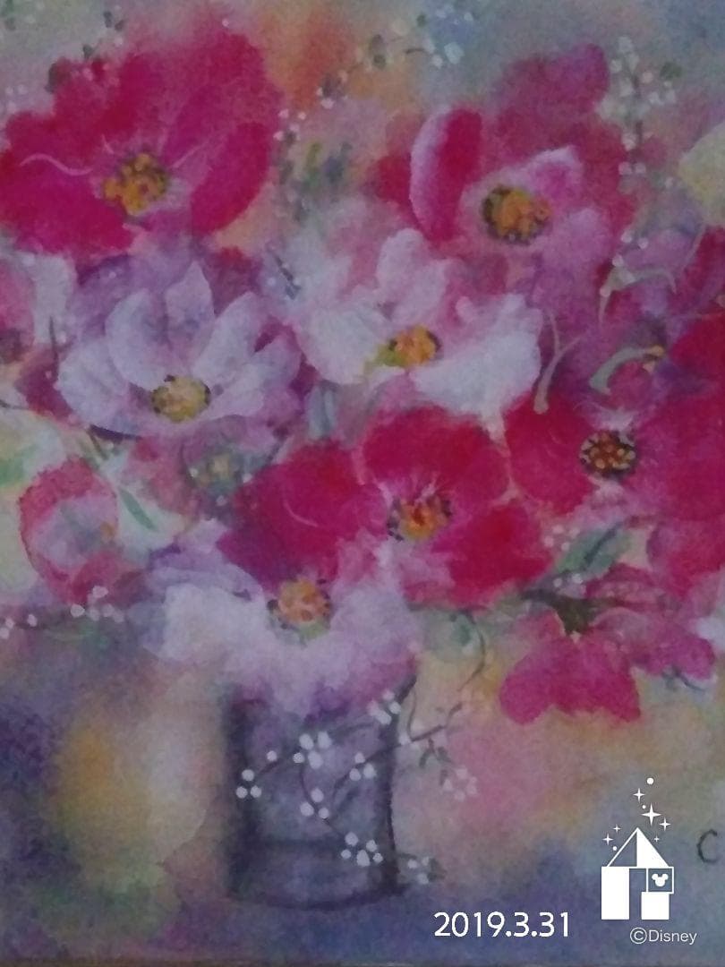 絵画水彩画　♡♡♡風に揺れるコスモス