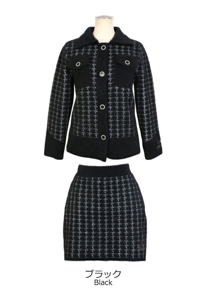 新品暖かく伸びるツイード風ニットセットアップkiss on the green黒