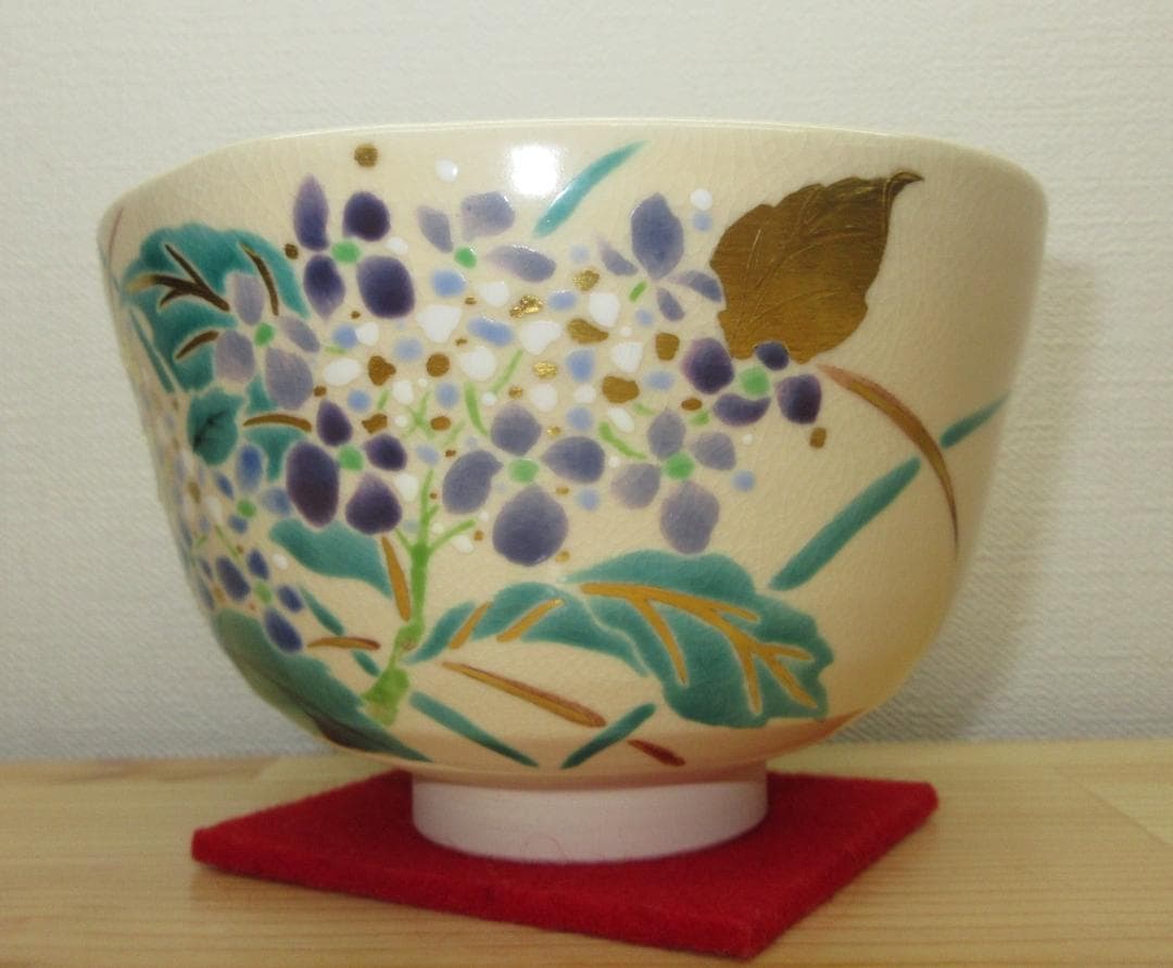 送料込【逢絢亭・新品】茶道具 茶碗 京焼 紫陽花の絵 花蝶窯 手塚石雲 共箱入り