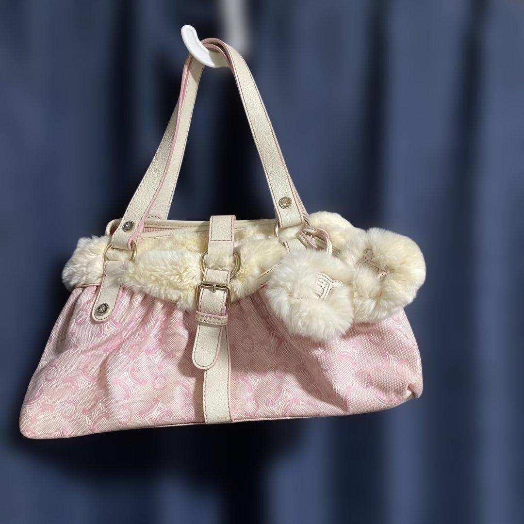 ファー付きピンクハンドバッグ