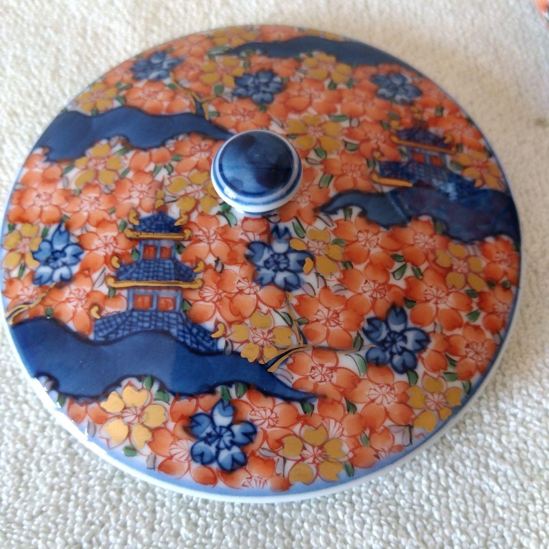 新春セール館林源右衛門作　染錦楼閣紋様蓋付湯呑