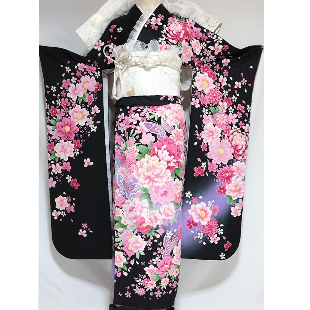 振袖7点セット■トールサイズ174cm帯新品帯締め花フルセット黒成人式BS34