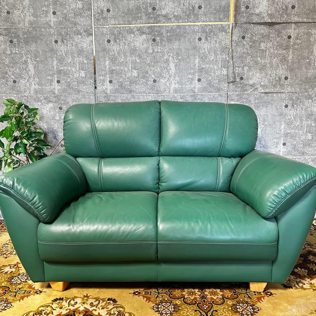 ask꧁革素材꧂2人掛けアームソファ1脚 グリーン レザー 合成皮革 応接