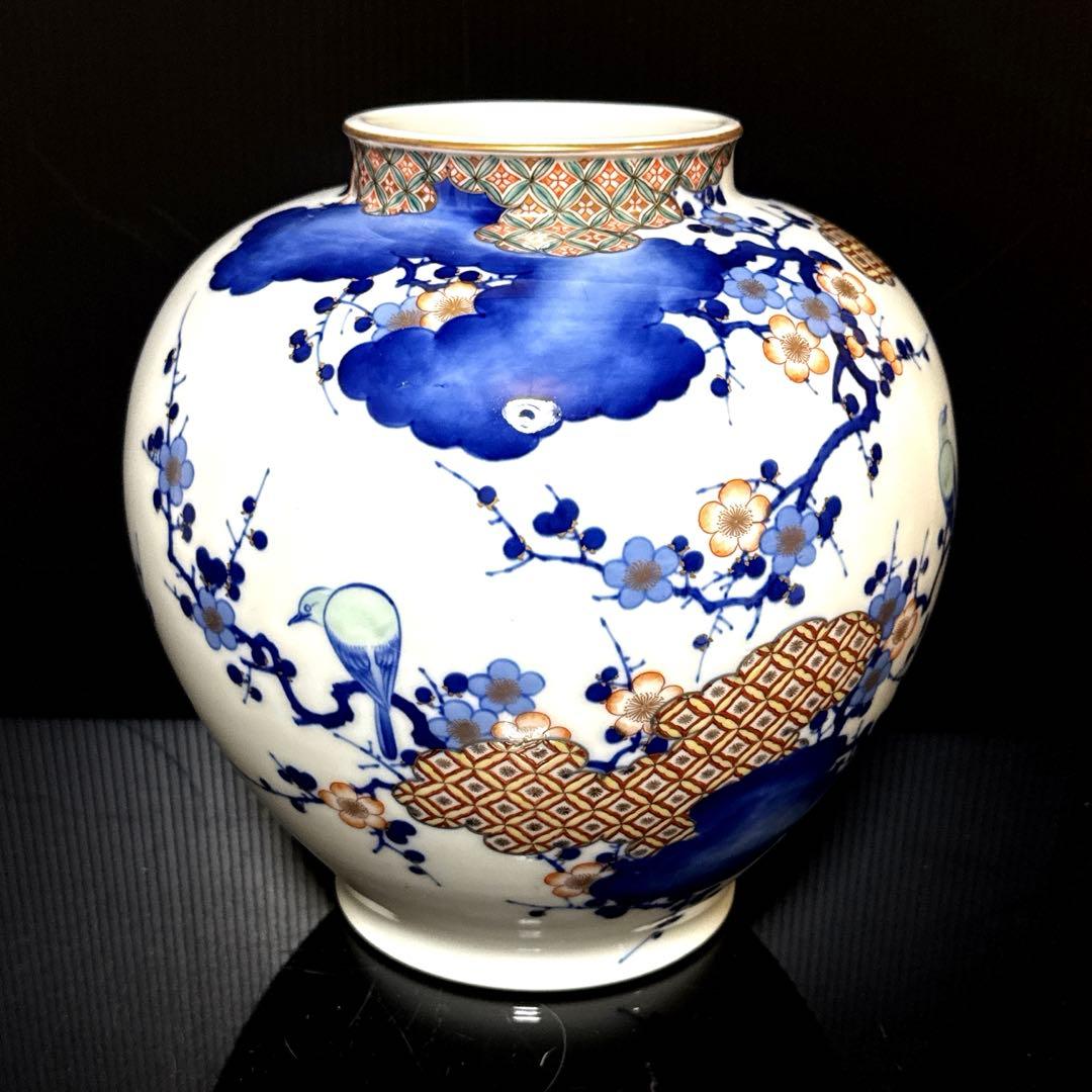 希少 オールド香蘭社 染錦 手描 華鳥七宝紋雲図 花瓶 花生 壷