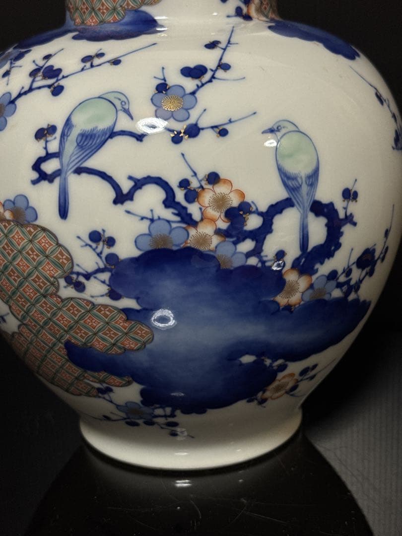 希少 オールド香蘭社 染錦 手描 華鳥七宝紋雲図 花瓶 花生 壷