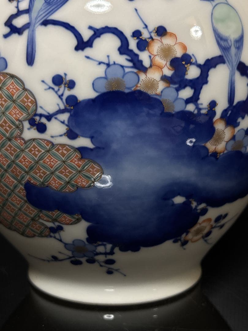 希少 オールド香蘭社 染錦 手描 華鳥七宝紋雲図 花瓶 花生 壷