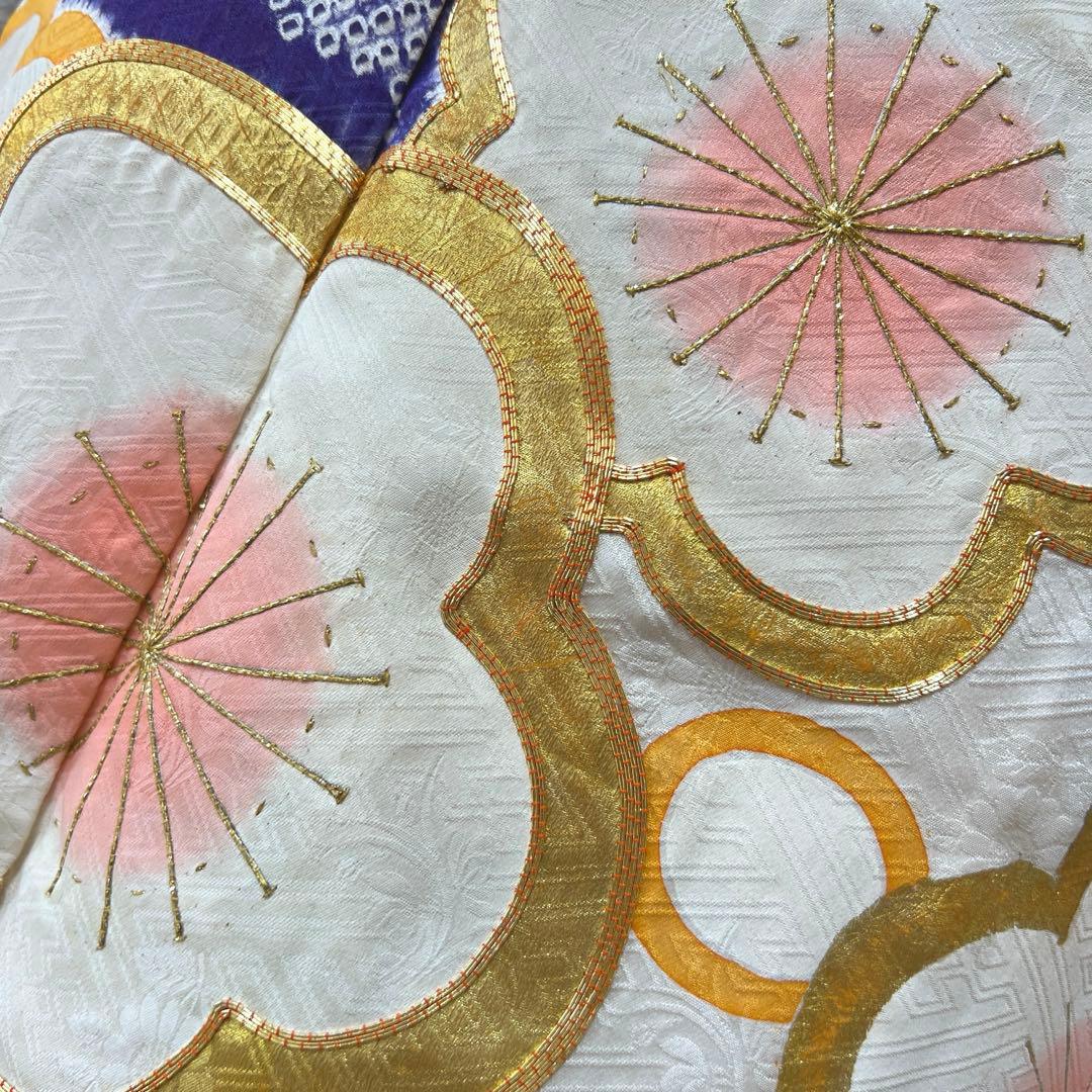 437 振袖フルセット 正絹 紫 オフホワイト 金銀彩 絞り 駒刺繍 レトロ