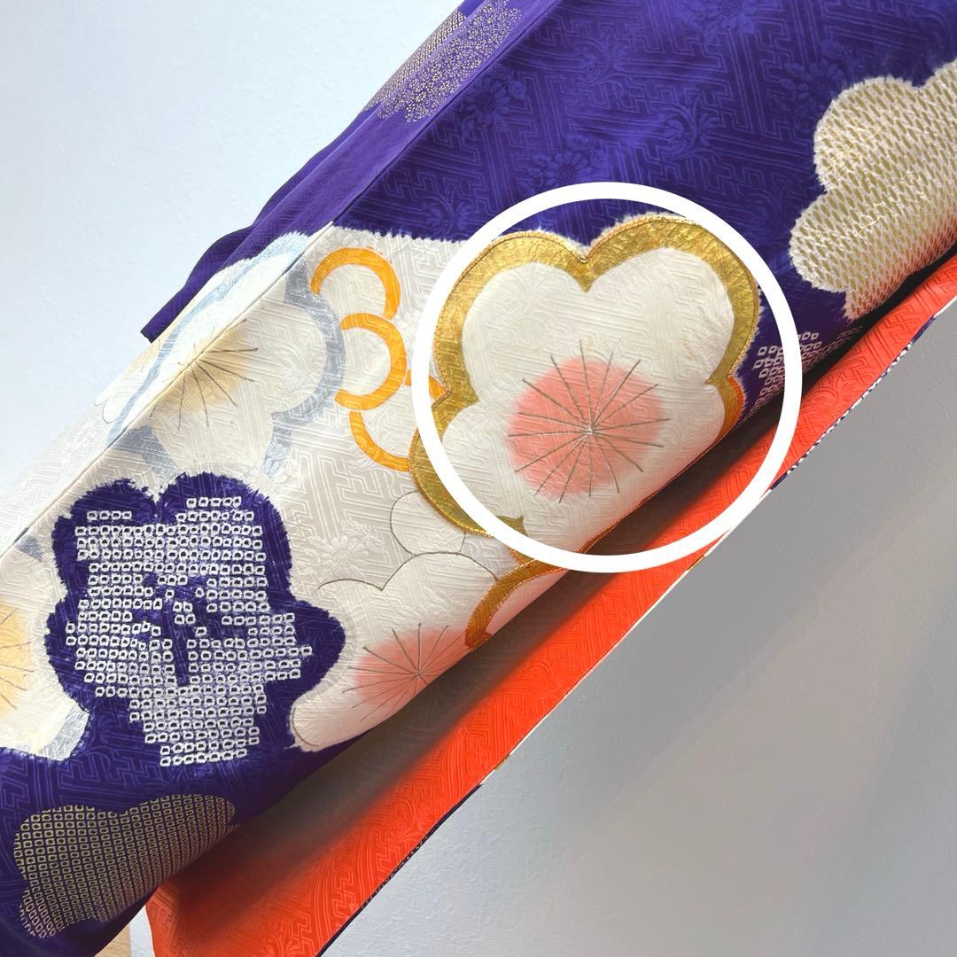 437 振袖フルセット 正絹 紫 オフホワイト 金銀彩 絞り 駒刺繍 レトロ