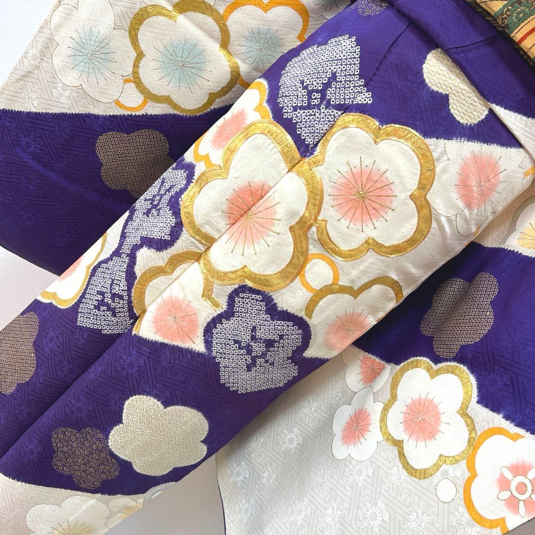437 振袖フルセット 正絹 紫 オフホワイト 金銀彩 絞り 駒刺繍 レトロ