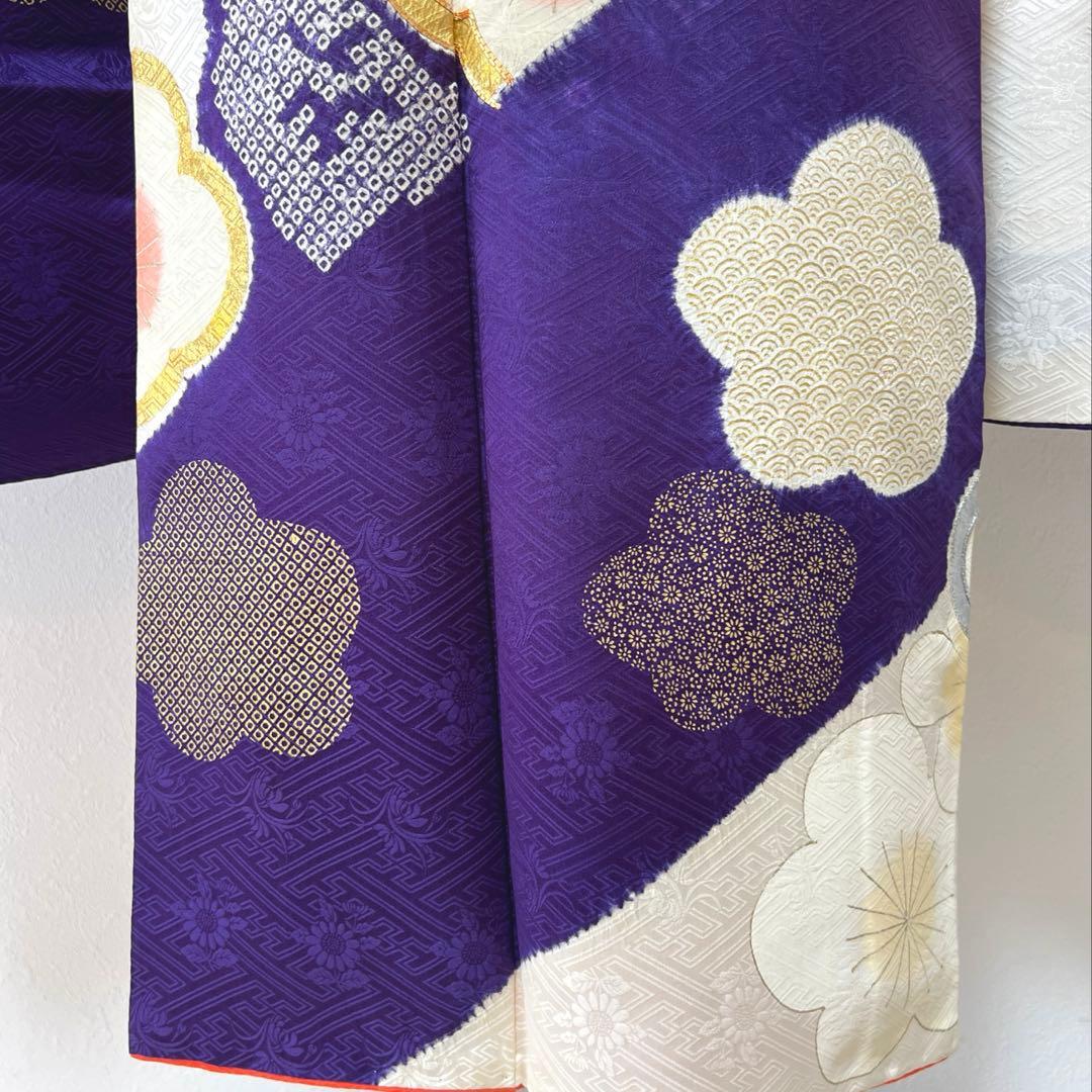 437 振袖フルセット 正絹 紫 オフホワイト 金銀彩 絞り 駒刺繍 レトロ