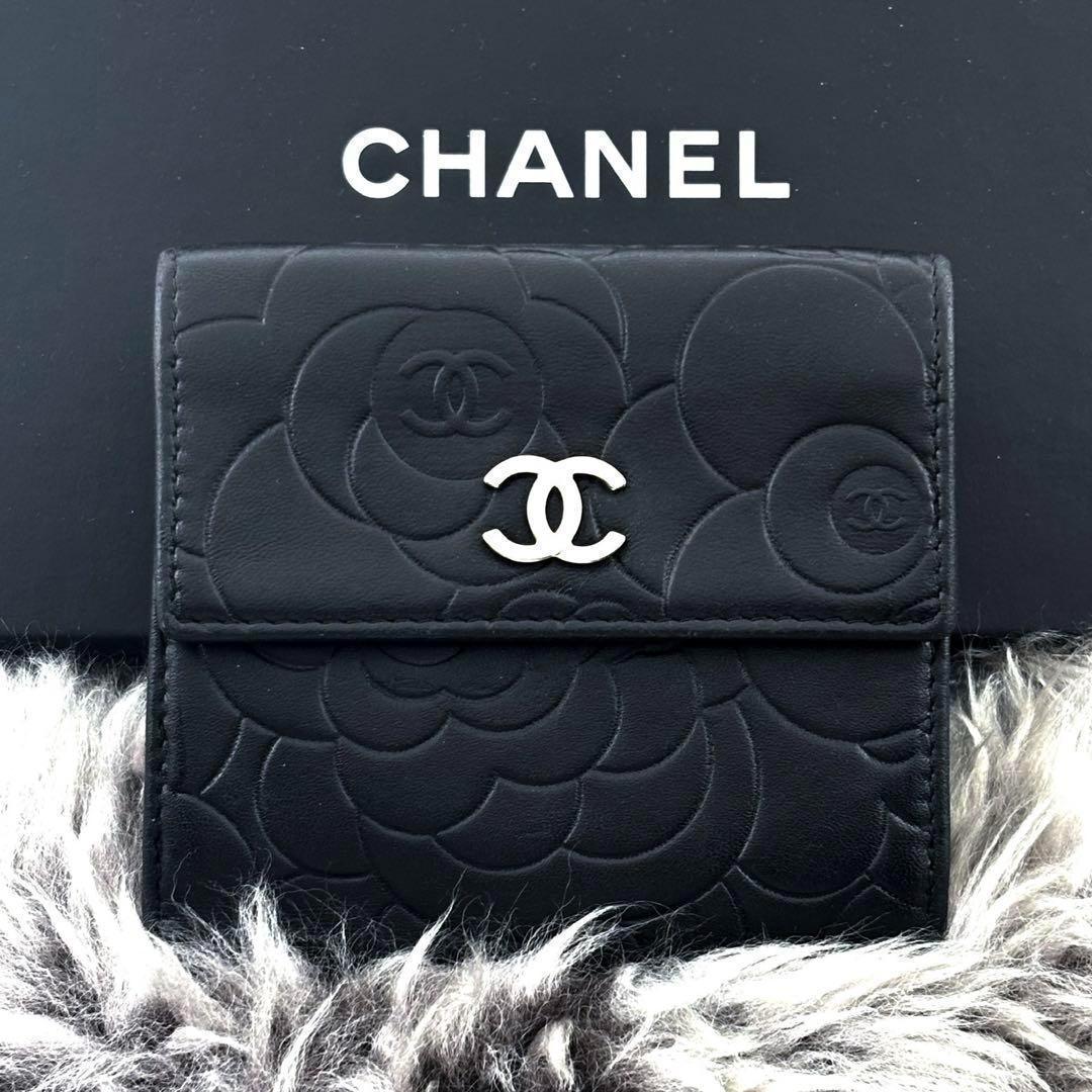 【美品✨】シャネル 財布 カメリア 型押し Wホック 二つ折
