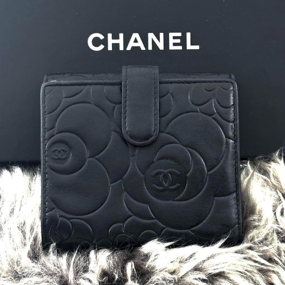 【美品✨】シャネル 財布 カメリア 型押し Wホック 二つ折