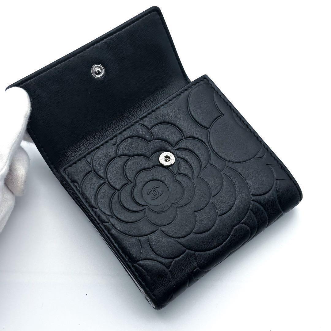 【美品✨】シャネル 財布 カメリア 型押し Wホック 二つ折