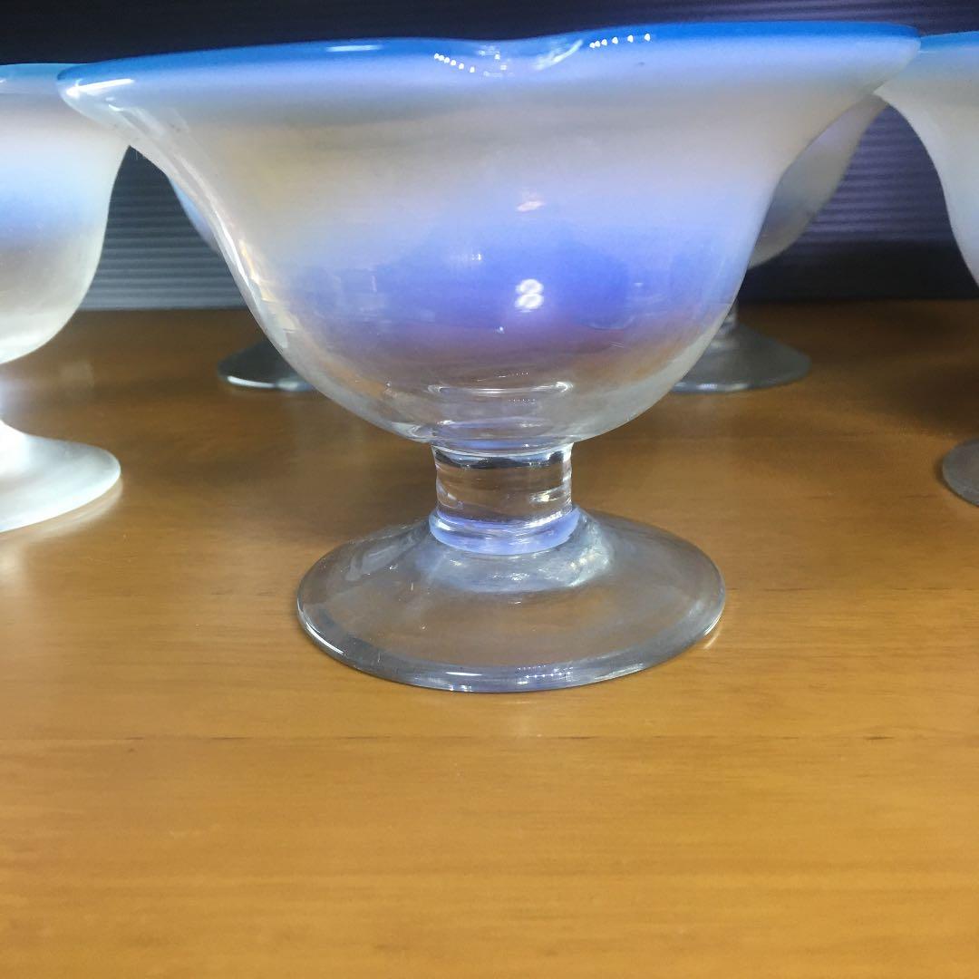氷コップ③ 乳白色 薄水色縁 5個セット 大正ガラス