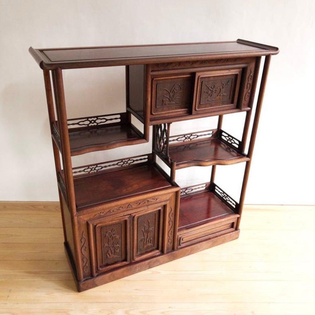 茶箪笥　天然木　茶棚 和風　和室家具　唐草透彫 高級家具　透かし彫り