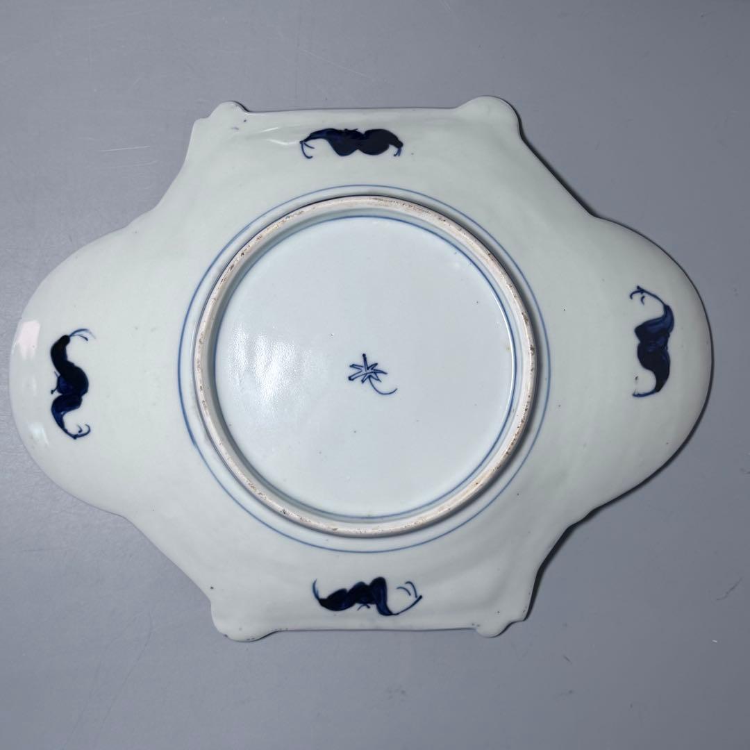 1800年代後期　古伊万里　色絵花蝶図変形中皿　五枚　柘榴に鳳凰　裏蝙蝠文　珍品