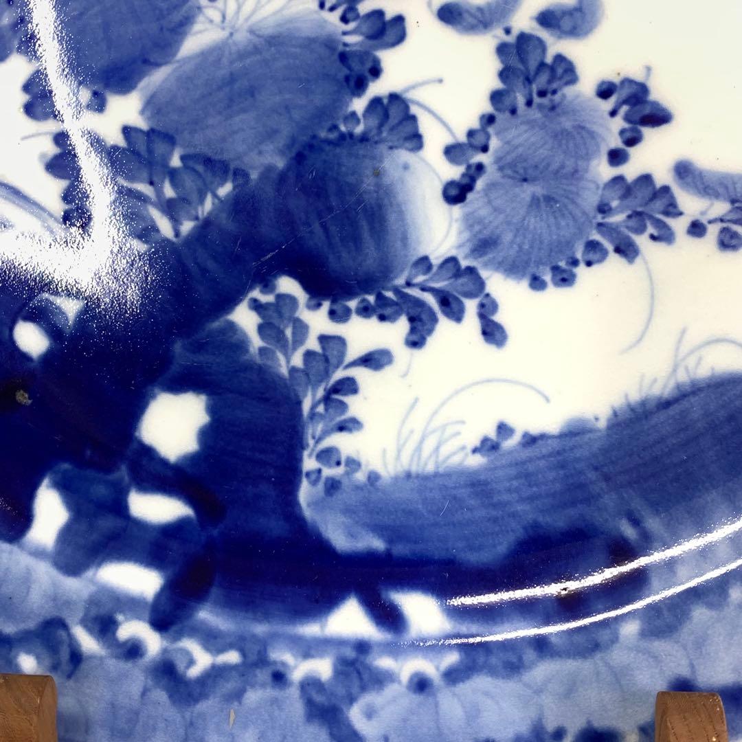 大皿 直径 42.2 cm !大皿 蝶々 花鳥 梅 染付 昭和レトロ 飾り皿②