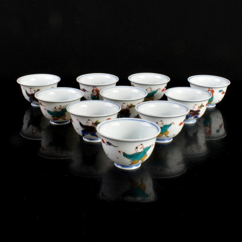 九谷焼　堀江青光造　色絵唐子文　波出茶碗　数茶碗　10客　共箱　V　6207C