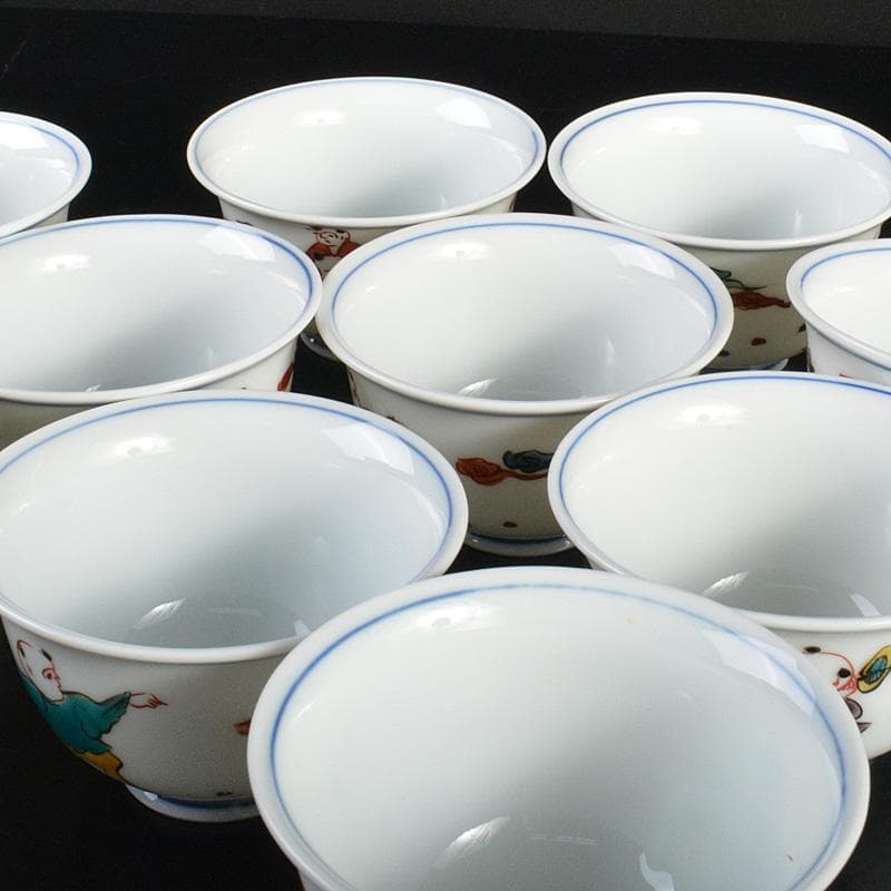 九谷焼　堀江青光造　色絵唐子文　波出茶碗　数茶碗　10客　共箱　V　6207C