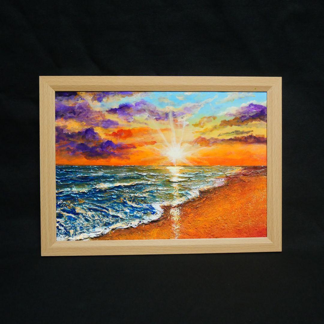 油絵 油彩 油彩画 絵 絵画 【夕陽に染まる海】A4