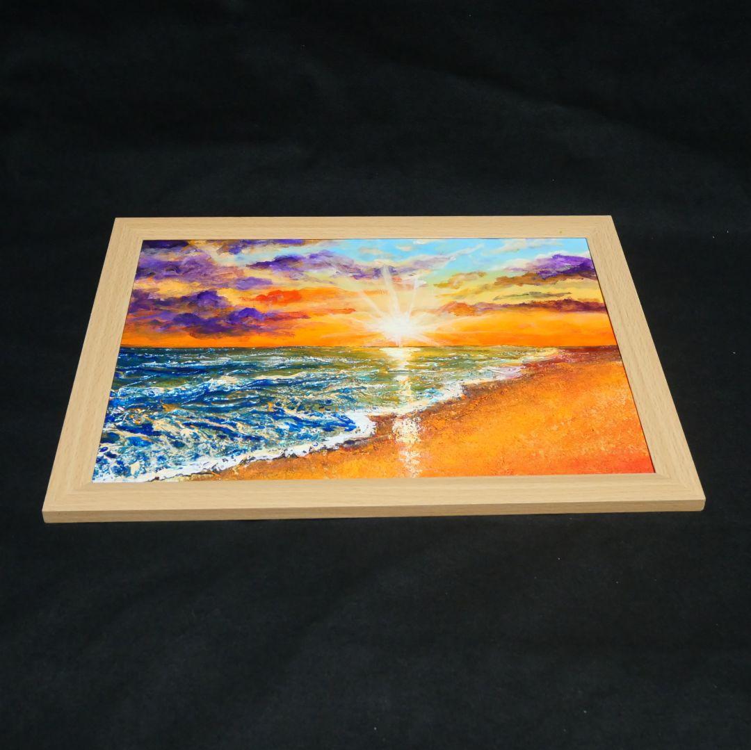 油絵 油彩 油彩画 絵 絵画 【夕陽に染まる海】A4