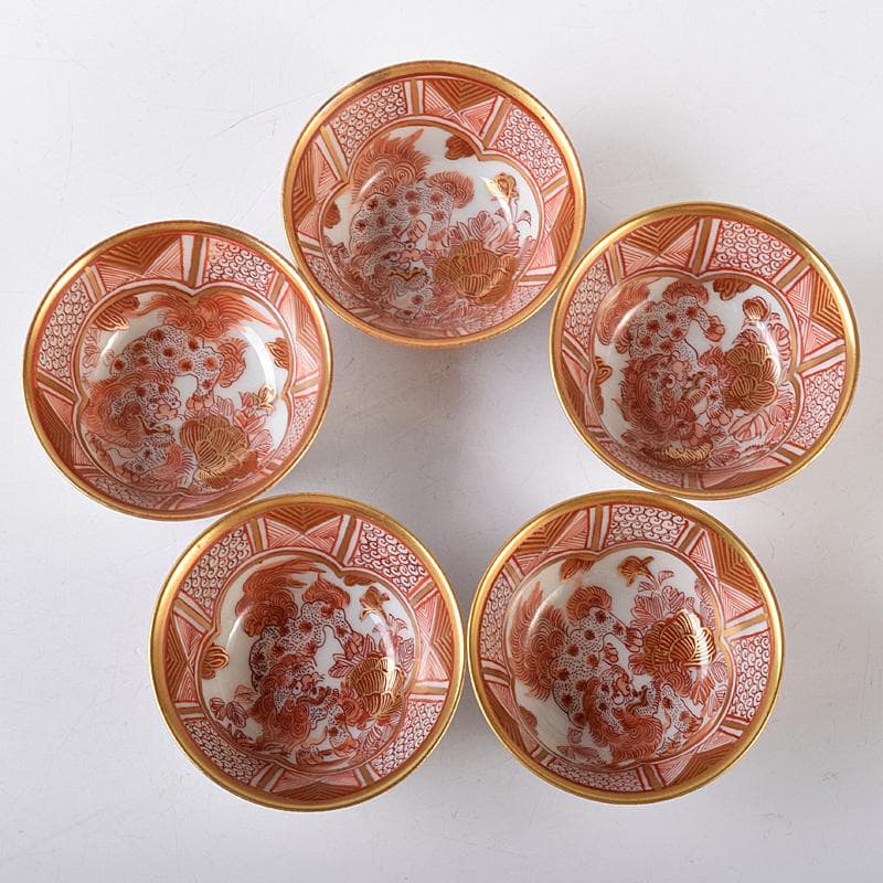 九谷焼　赤絵金彩　静山銘　獅子花文　盃　五客　龍鳳凰文　徳利　一對　MR8445