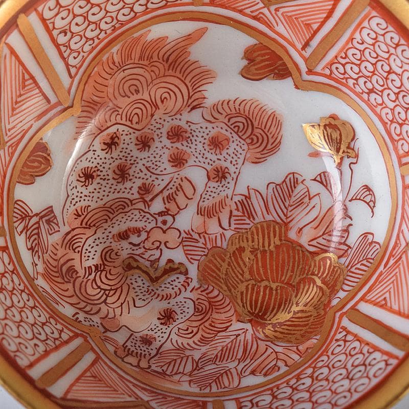 九谷焼　赤絵金彩　静山銘　獅子花文　盃　五客　龍鳳凰文　徳利　一對　MR8445