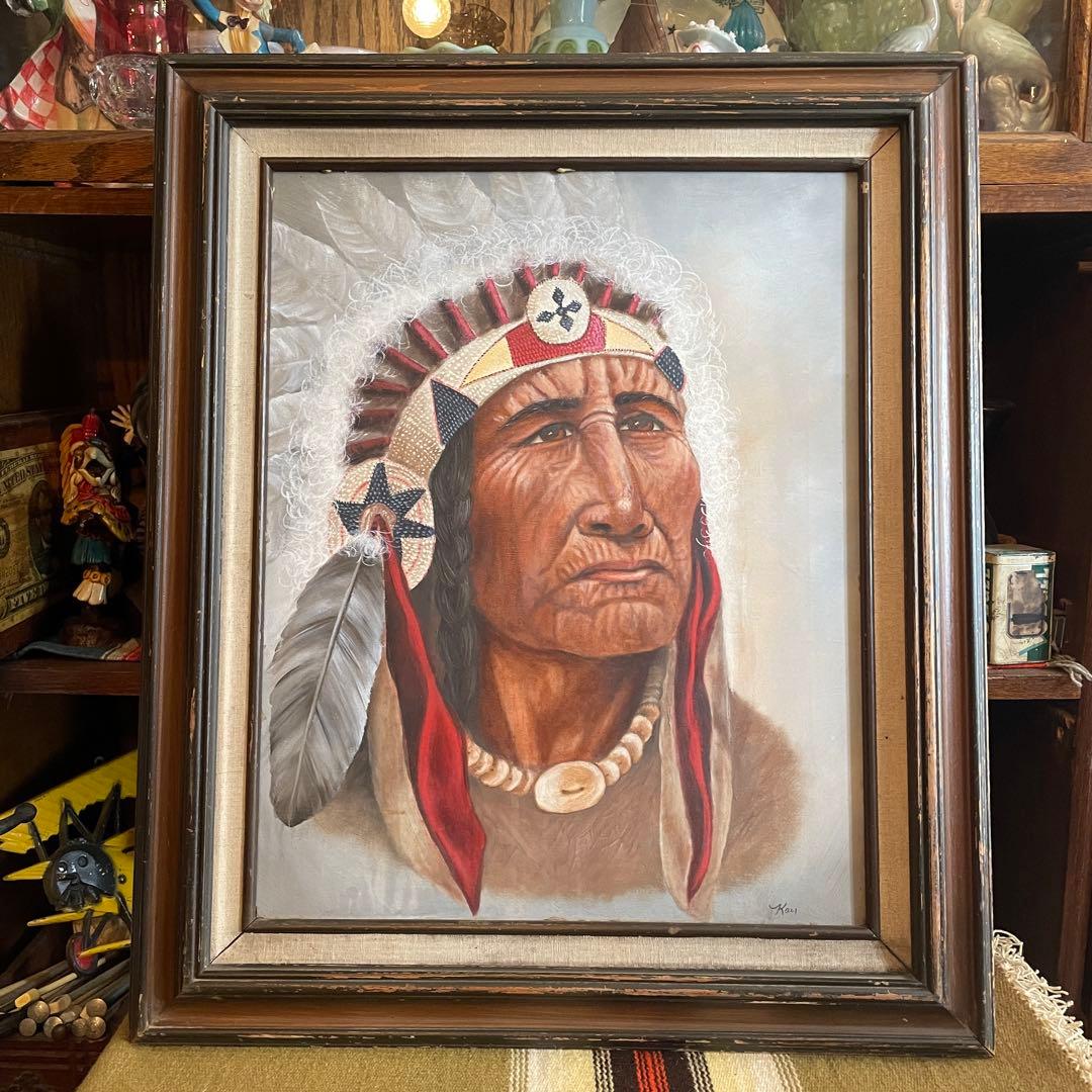 希少！ネイティブアメリカン　酋長インディアン油彩絵画　USAヴィンテージプエブロ