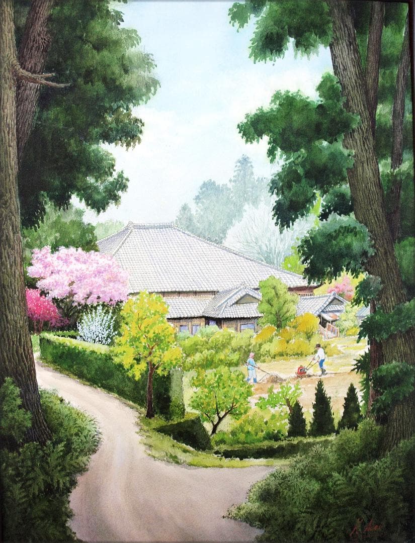 絵画「杉木立を抜けて日差しの中へ」　水彩画