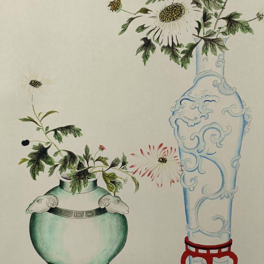 梅蘭芳《瓶菊図》 三尺中堂掛軸｜中国近代名人書画｜花卉画
