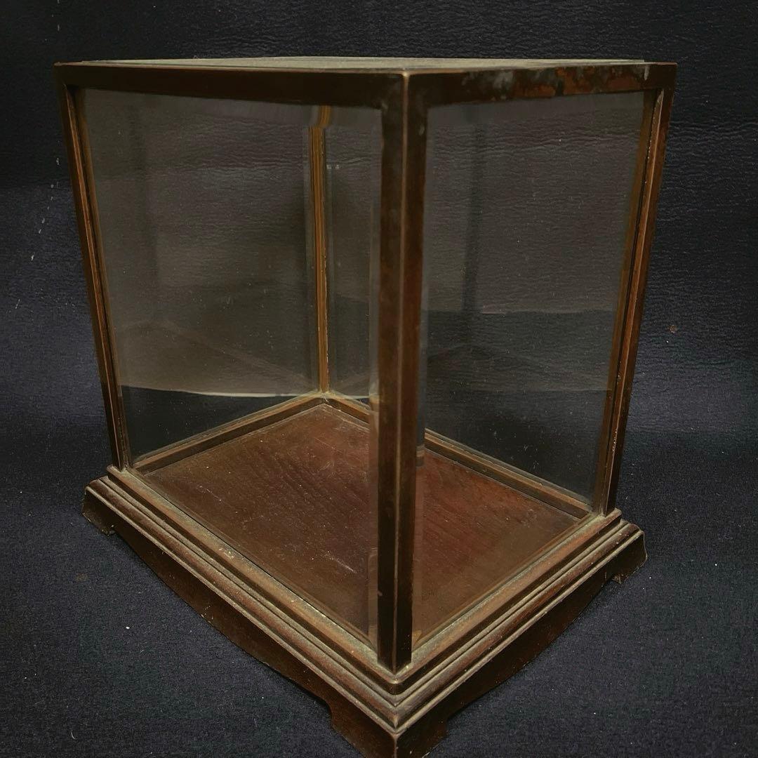 アンティーク　希少　ガラスケース　銅枠　面取り　5面　足　木製　総重量5.2㎏