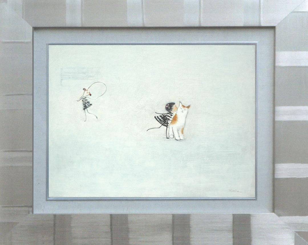 油絵 菅家令子 絵 絵画インテリア 額付(銀) F4-090718 子猫と女の子