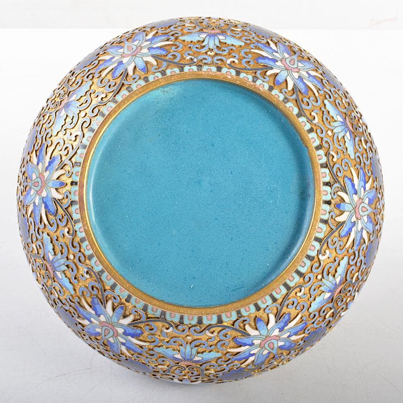 中国　古七宝琺瑯彩　花文　獅子摘蓋物　唐木台付　M　R5652