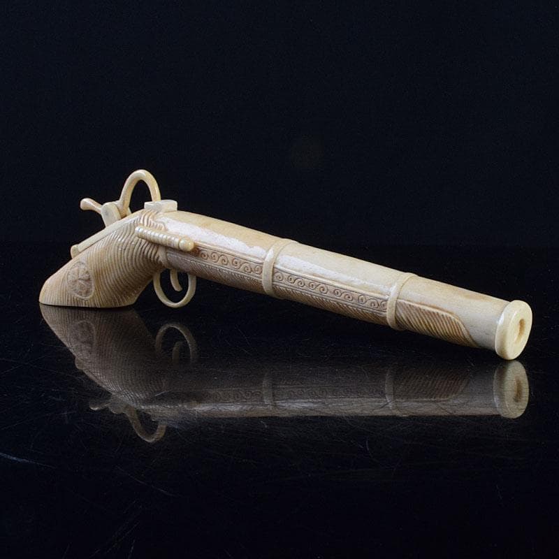 時代提げ物　獣骨彫刻　銃型　矢立　筆入　C　9209