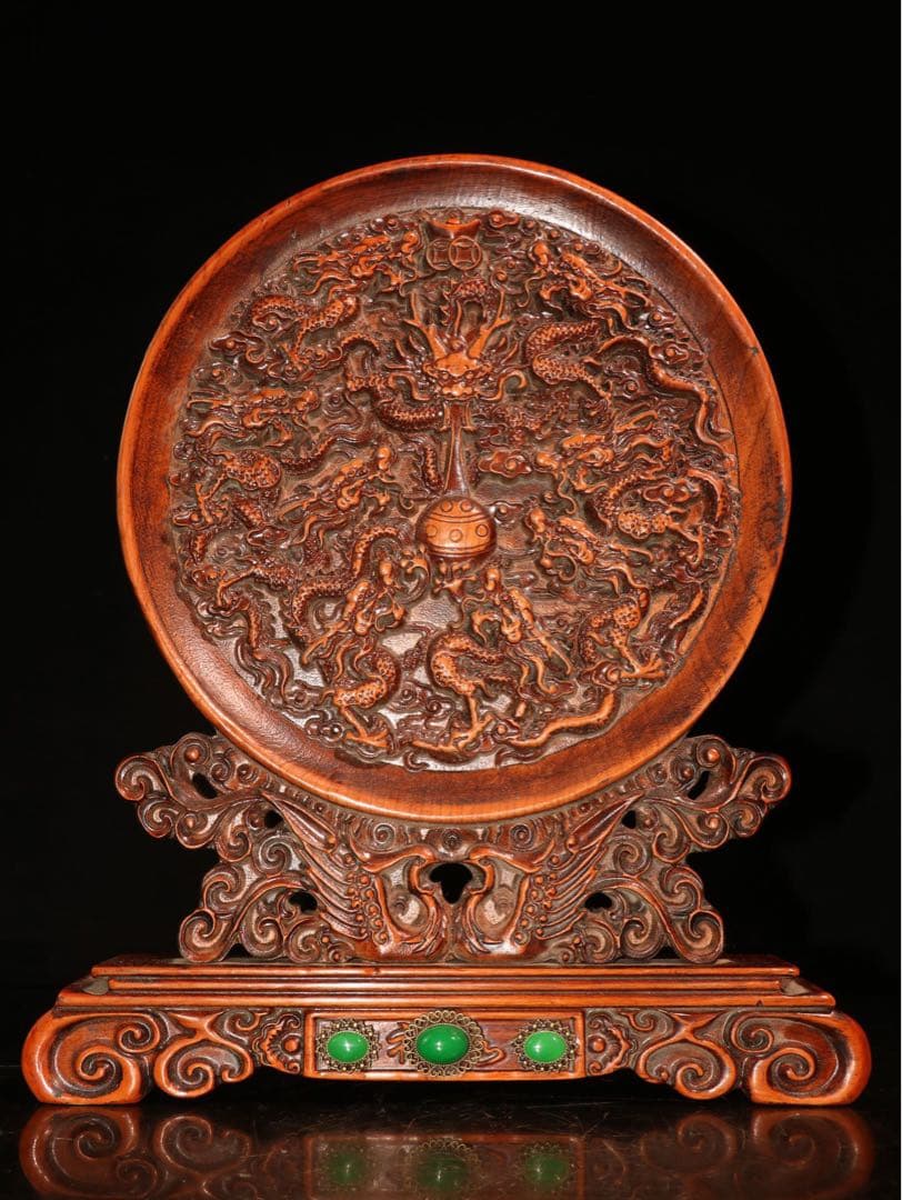 老黄楊木（ツゲ）彫刻「九龍戯珠」