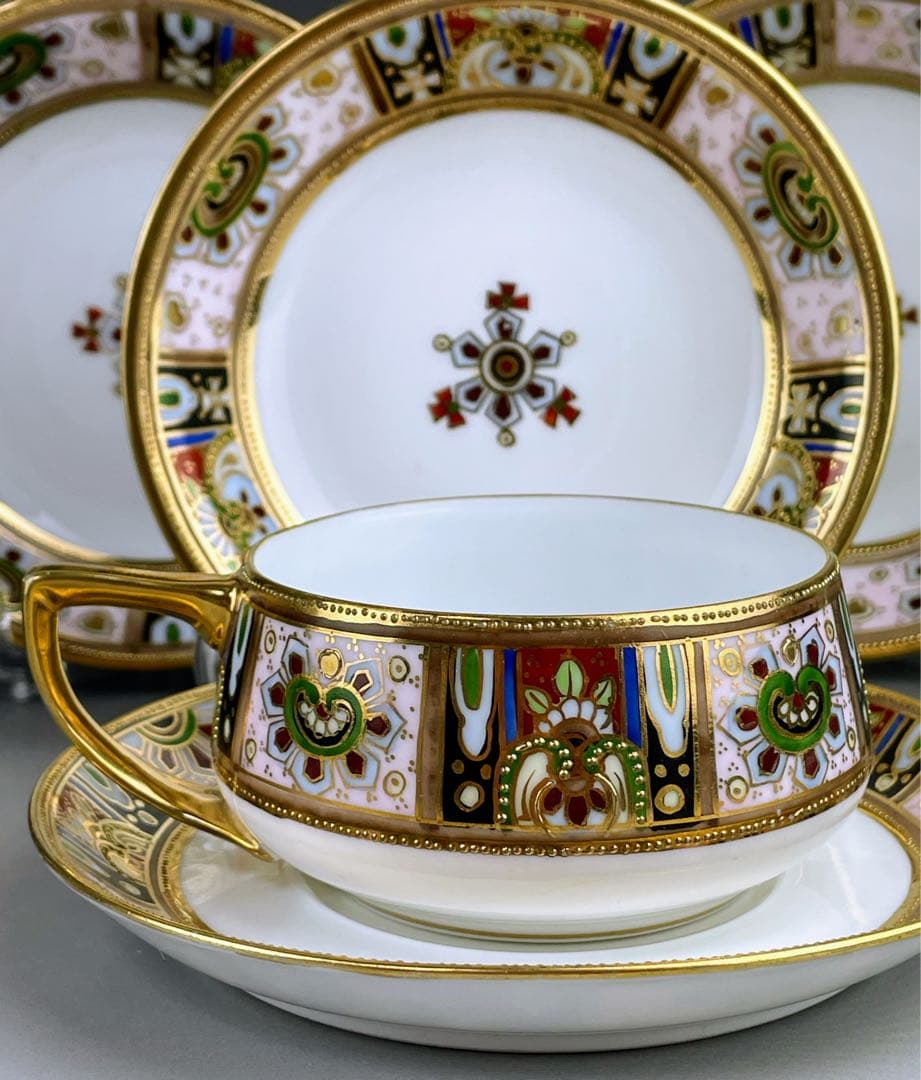 【美品】オールドノリタケ 金盛り ティーカップ ソーサー ３小皿セット