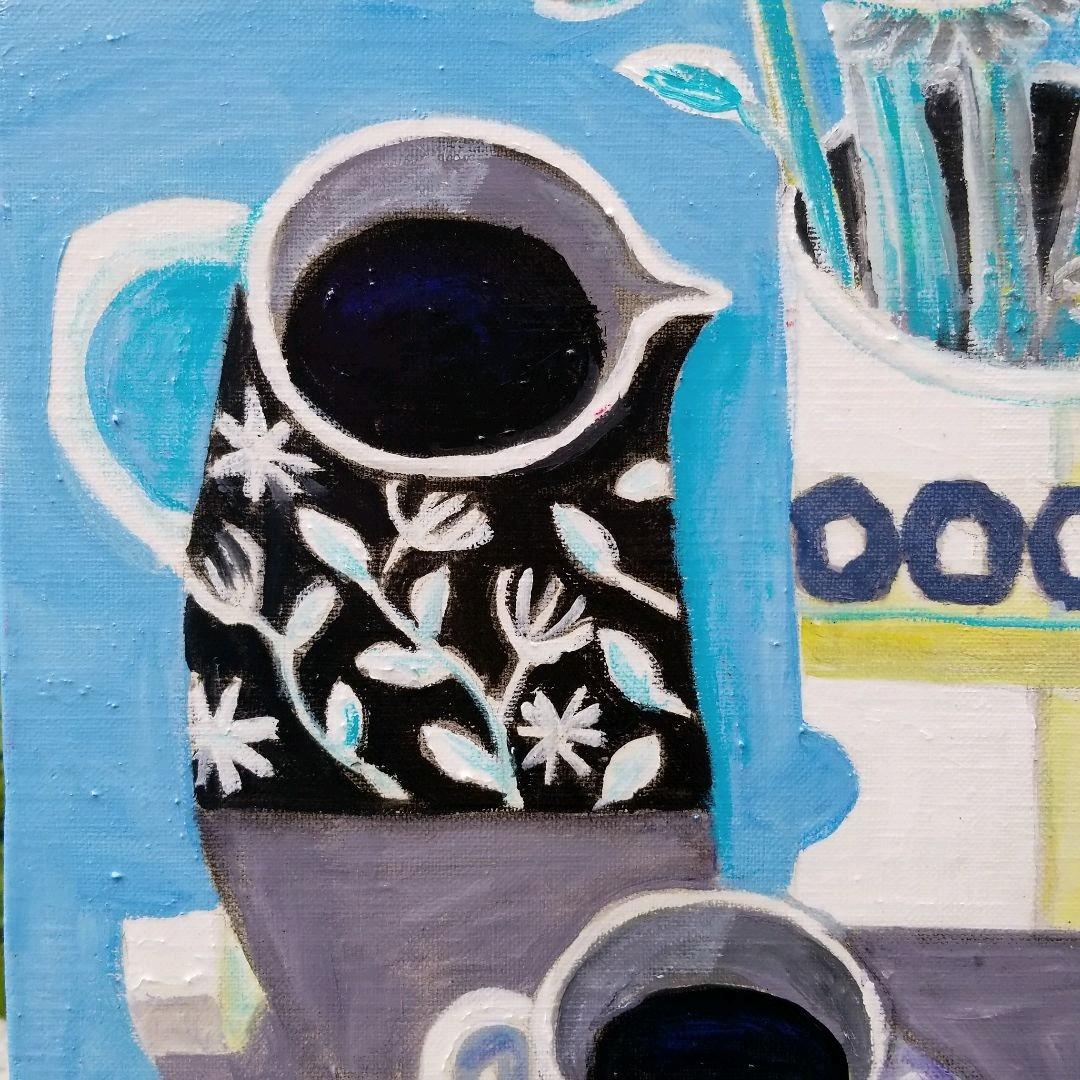 キャンバス油絵　よっこ　クールな配色のテーブル　大きいキャンバス縦45.5