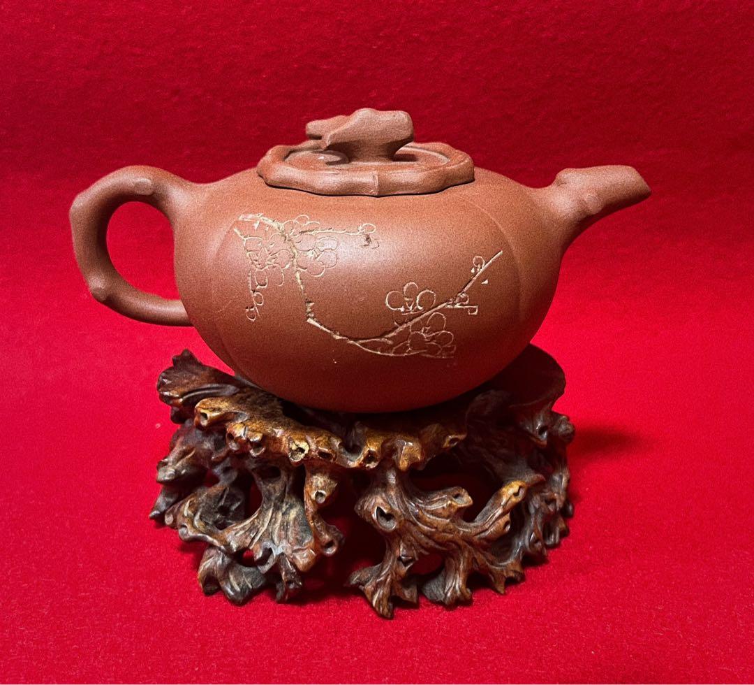 中国宜興 紫砂壺　梅花紋樣 詩詞 茶壺 柿子壺 急須 茶器 茶道具