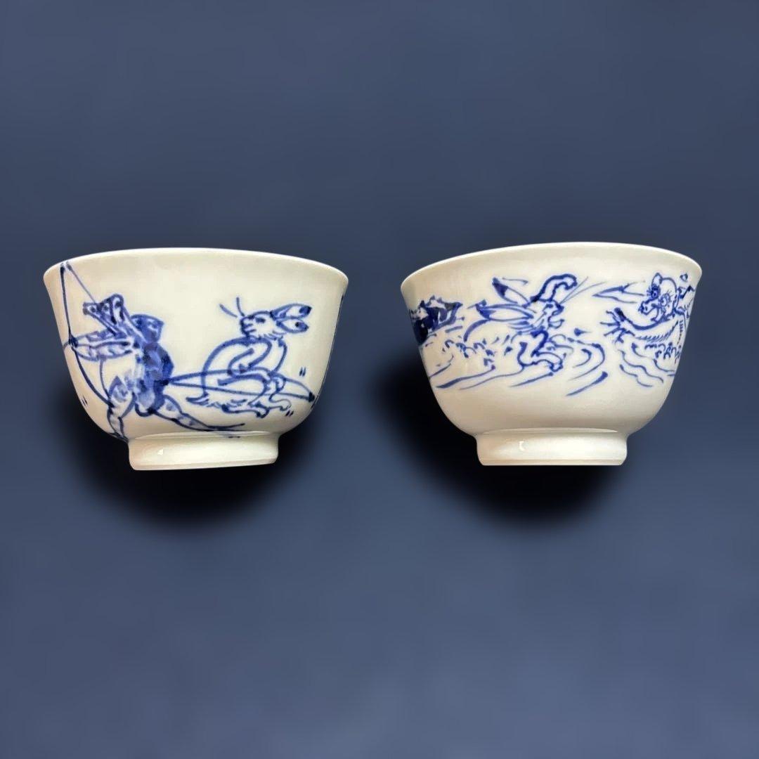 真葛焼　汲み出し　十客　鳥羽絵　湯呑