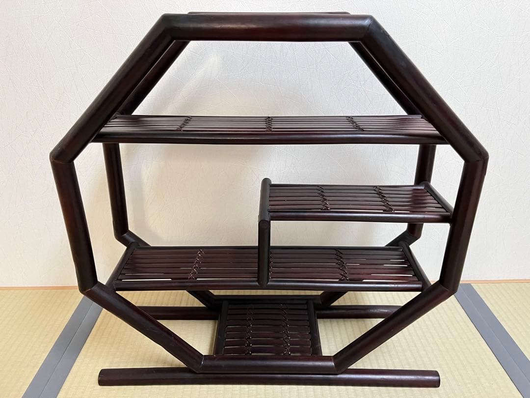 八角型飾り棚、茶器棚、珍品収納、コレクション棚、竹工芸、茶道具、アンティーク