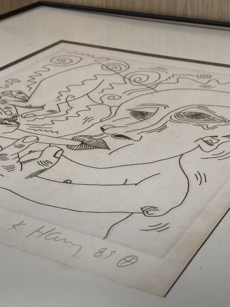 【超希少品】 キースヘリング アート 絵 絵画 レア 1点物 現状品 額縁付き