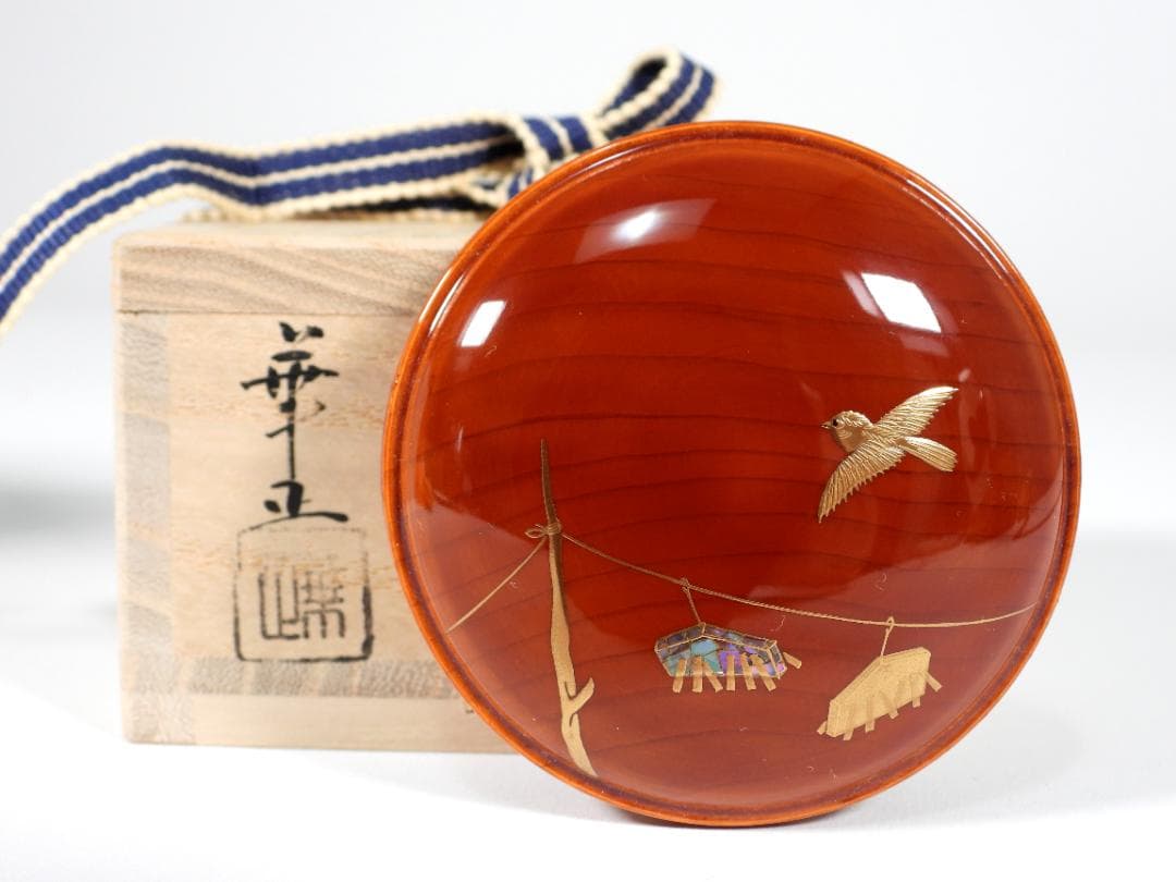 蒔絵師 吉田華正 作 鳴子雀 蒔絵 香合 春慶塗 螺鈿 香道具 茶道具 共箱