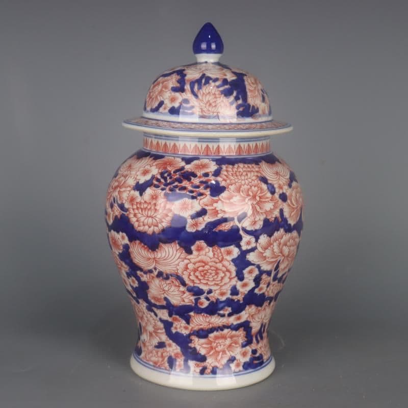 青花釉裏紅万模様将軍壺 景徳鎮 陶磁器 装飾品 現代工芸品美術品 置物