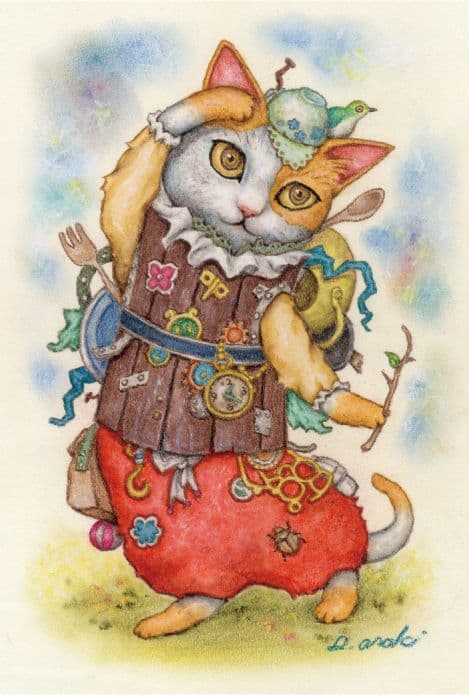 【原画】『ガラクタ猫（改）』（パステル画　猫　招き猫）