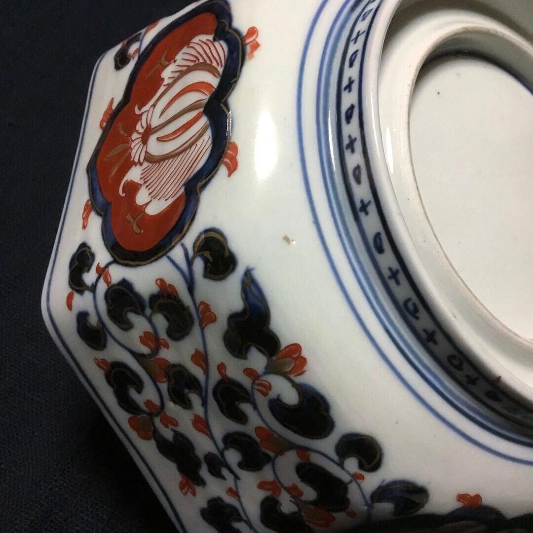 伊万里焼 色絵 草花紋様 八角 七寸深鉢 /骨董/時代物
