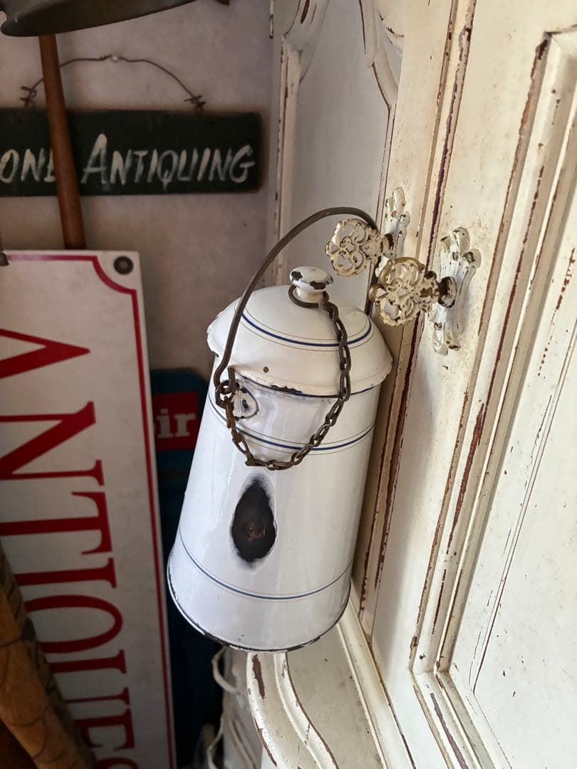 フランス　アンティーク ホーロー ミルク　ポット　キャリー 缶ホワイト　シャビー
